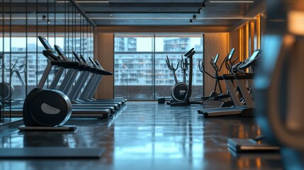 Modern gym interior with equipment, fitness exercise elliptical trainers