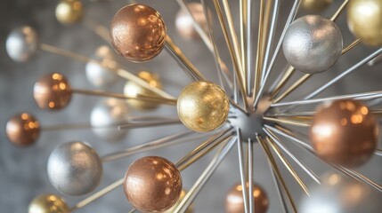 Obraz premium Modern industrial design with metal spheres and rods in gold, silver, and bronze