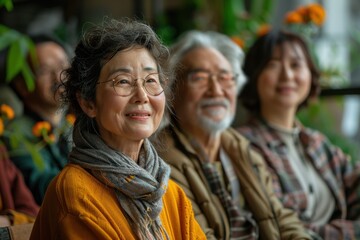 Fototapeta premium A warm gathering of older adults smiling and enjoying each other's company, surrounded by greenery and flowers.