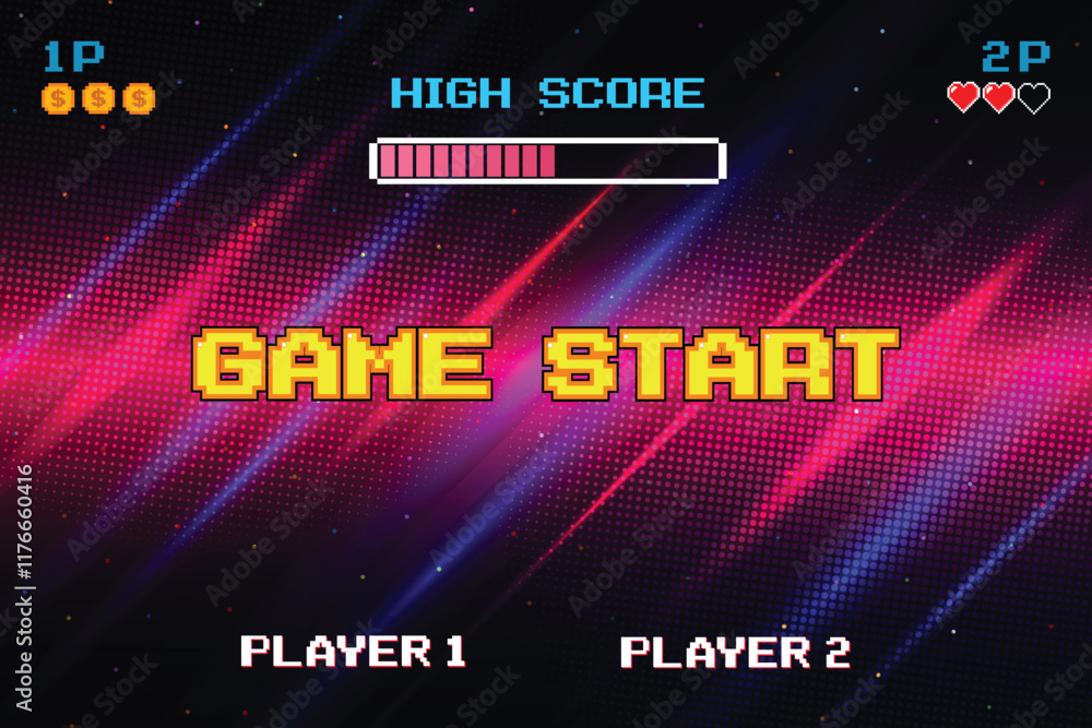 Poster game start. pixel art .8 bit game. retro game. for game assets in vector illustrations. arcade gamin