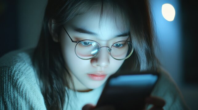 Reading message on cellphone, wearing glasses, by girl with poor vision