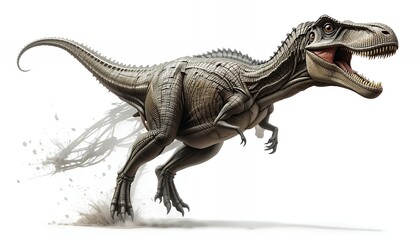 Powerful Tyrannosaurus Rex Running on White Background: Prehistoric Reptile in Dynamic Action