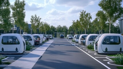 White autonomous vehicles parked, tree-lined roadway.
