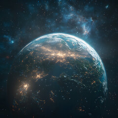 Obraz premium A 3D-rendered Earth with highly detailed continents and oceans, illuminated by sunlight from one side, set against a vast galaxy of stars and nebulas, cinematic and awe-inspiring