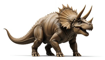Obraz premium A detailed 3D model of a Triceratops dinosaur, showcasing its powerful build, intricate frill, and sharp horns against a clean white background. The realistic rendering highlights the texture and sca