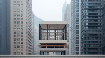 Modern-style house under construction amidst urban buildings