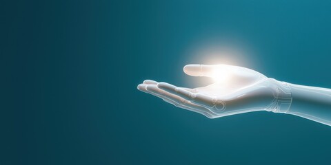 Illuminated hand offering light abstract space digital art calm environment close-up view generosity concept