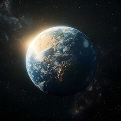Obraz premium A 3D-rendered Earth with highly detailed continents and oceans, illuminated by sunlight from one side, set against a vast galaxy of stars and nebulas, cinematic and awe-inspiring