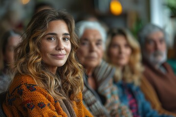 A young woman smiles warmly while seated among a group of older individuals, creating a cozy atmosphere filled with diverse expressions.