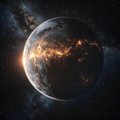 Obraz premium A 3D-rendered Earth with highly detailed continents and oceans, illuminated by sunlight from one side, set against a vast galaxy of stars and nebulas, cinematic and awe-inspiring