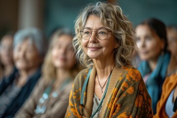 A smiling older woman in a colorful shawl sits among an audience, conveying warmth and engagement in a thoughtful setting.