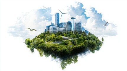 Obraz premium Climate change mitigation community engaging with industry leaders at sustainable urban development conference future city concept aerial view eco-friendly innovations