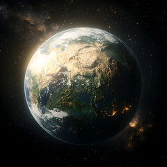 Fototapeta premium A 3D-rendered Earth with highly detailed continents and oceans, illuminated by sunlight from one side, set against a vast galaxy of stars and nebulas, cinematic and awe-inspiring