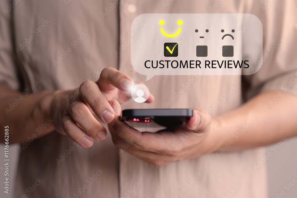 Poster male member using a smartphone select a happy face icon from a feedback. business concept of custome