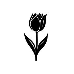 Minimalist Black and White Tulip Illustration, A simple black and white illustration of a tulip flower with leaves and stem, showcasing an elegant and minimal floral design.


