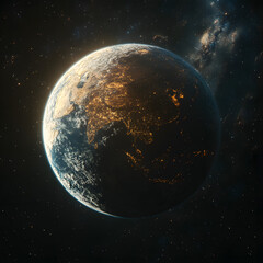 Fototapeta premium A 3D-rendered Earth with highly detailed continents and oceans, illuminated by sunlight from one side, set against a vast galaxy of stars and nebulas, cinematic and awe-inspiring