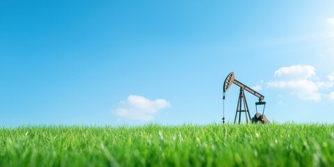 Oil pumping action on lush green field rural landscape nature photography clear sky background