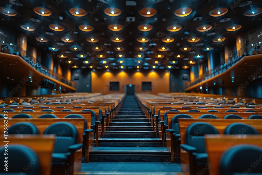 Poster a spacious auditorium with rows of dark blue chairs, illuminated by warm lights, creating an invitin