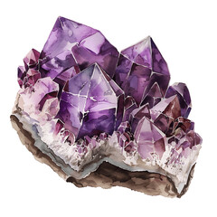 Amethyst crystals purple on white background, super watercolor old-style vintage illustration