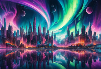 Obraz premium Futuristic Cityscape with Psychedelic Sky
