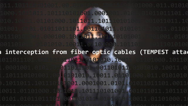Cyber attack data interception from fiber optic cables (tempest attacks) text, hacker hidden with hoodie in the blurred background. Vulnerability text in binary system code on editor program.