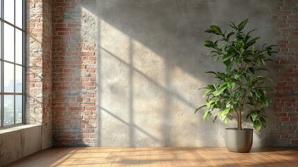 A large potted plant sits in front of a brick wall in a room with a window