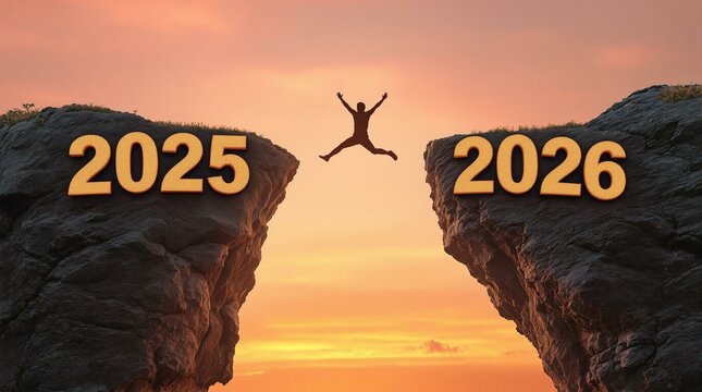 A silhouette jumping on a clif, 2025-2026 new year concept, enjoyment nature background.