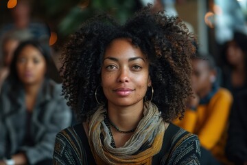 Fototapeta premium A young woman with curly hair smiles warmly, surrounded by a blurred background of people, showcasing a moment of engagement and connection.