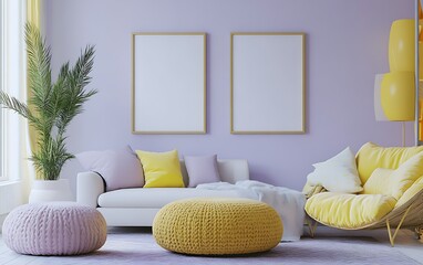 Purple living room interior with blank frames, sofa, and modern decor.