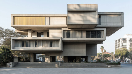 Obraz premium A brutalist-style building with strong geometric lines and large rectangular volumes