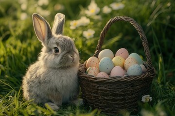 Whimsical easter scene with bunny and colorful eggs in grass.