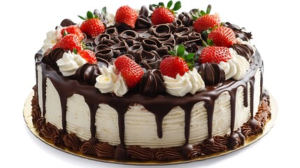 A chocolatedrip cake topped with fresh strawberries and chocolate curls