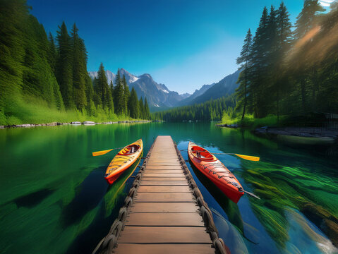 Serene mountain lake scene with two kayaks moored at a wooden dock. Crystal clear water reflects the vibrant green background of towering pines and majestic mountains under a bright blue sky.