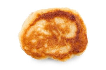 Small thick homemade pancake on a white background. Close-up of fried pancakes.