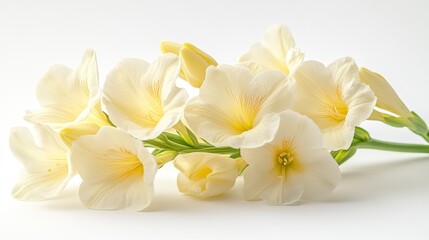 Cream-colored freesia flowers on white background.