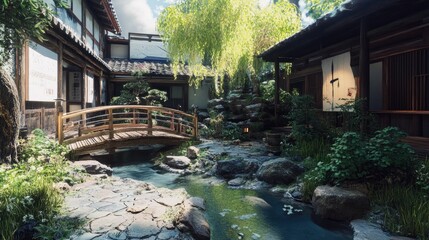 Serene Japanese Garden: Tranquil Wooden Bridge, Lush Greenery, and Ancient Architecture