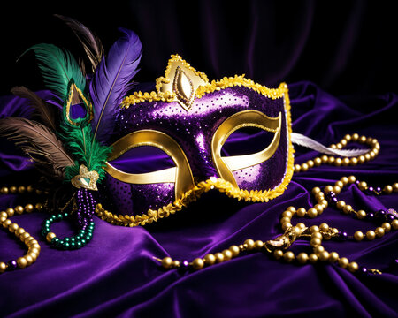  a vibrant purple mask adorned with feathers and beads resting on luxurious fabric