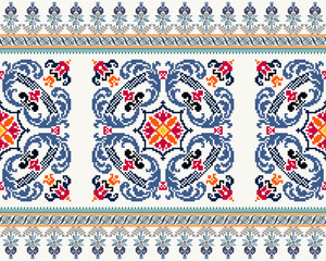 Pixel art embroidery pattern. Repeating Baroque ornament pattern design with floral. Symmetrical and Clean, white background. For use as neckline embroidery, neckline design, print, textile, carpet.