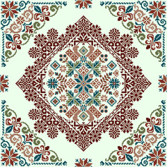 Square seamless Floral traditional pixel with frame Geometric ethnic pattern. Ukrainian, Romanian, Vyshyvanka, Slavic style. Vector for tile, textile, mosaic, ceramic, patchwork, background, backdrop.