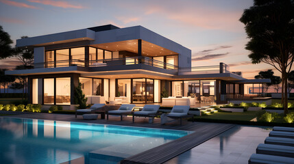 Luxury Real Estate: Majestic Modern Estate Under the Twilight Sky