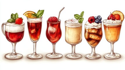 Six colorful desserts in elegant glasses, decorated with fresh fruits and whipped cream.