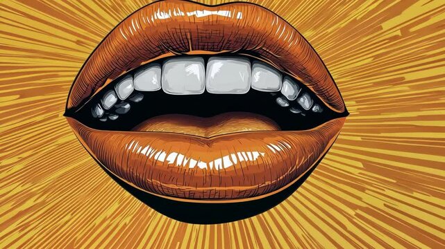 Glossy Brown Lips with White Teeth on a Golden Radial Burst Background