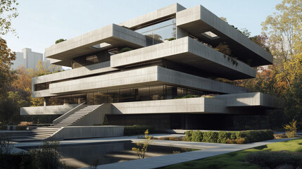A modern concrete building with layered, overhanging levels is shown