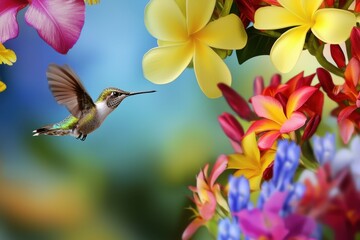 Naklejka premium A colorful image of a hummingbird hovering near a vibrant array of tropical flowers