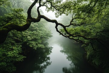 A quiet forest landscape with a meandering river, shaded by tall twisted trees, reflecting the natural beauty of the surrounding area.