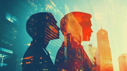 Double exposure of businessmen and investors overlooking skyscrapers, representing corporate management style and business investment with very peri color palette



