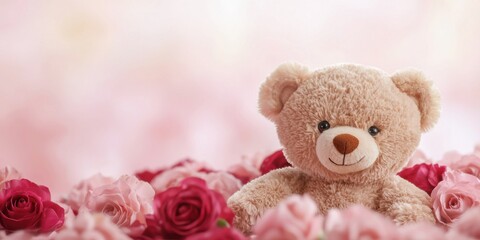 Fototapeta premium Teddy bear surrounded by roses cozy setting soft focus romantic atmosphere heartwarming concept