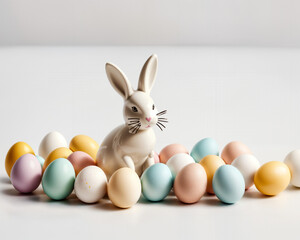  porcelain bunny surrounded by colorful Easter eggs