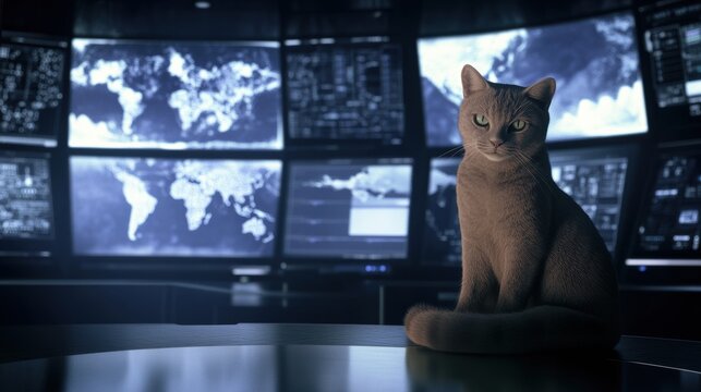 Explore advanced technology with a curious cat in a high-tech control room. Captivating scene showcasing innovation and intelligence. - Powered by Adobe