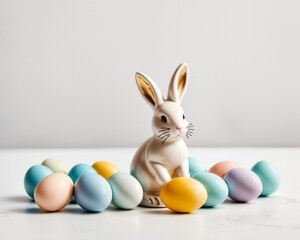  A charming ceramic rabbit surrounded by pastel-colored eggs captures the essence of springtime festivities